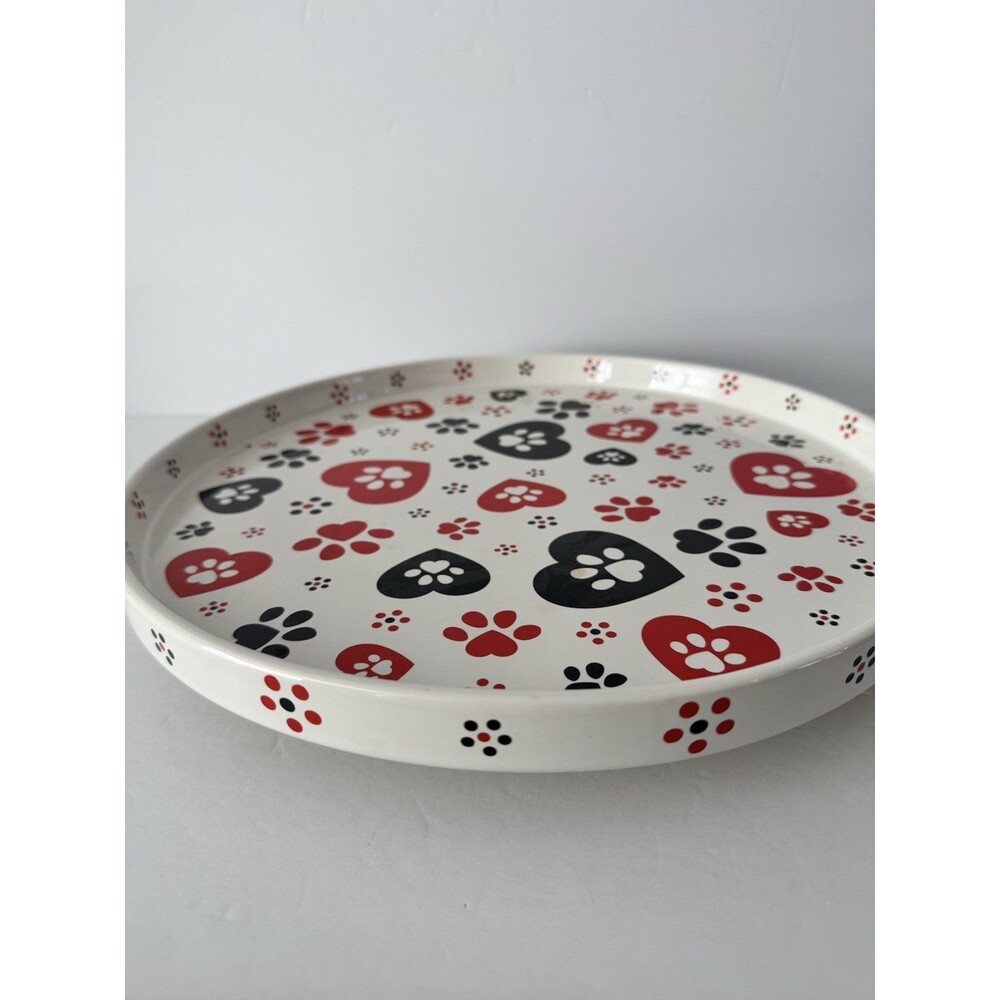 Dog Paw Prints Ceramic Lazy Susan Rotating Turntable By Temptations Red, Blk, Wh